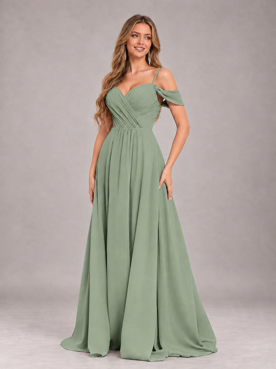 Sage Green Trendy Off The Shoulder Spaghetti Straps Chiffon Bridesmaid Dress