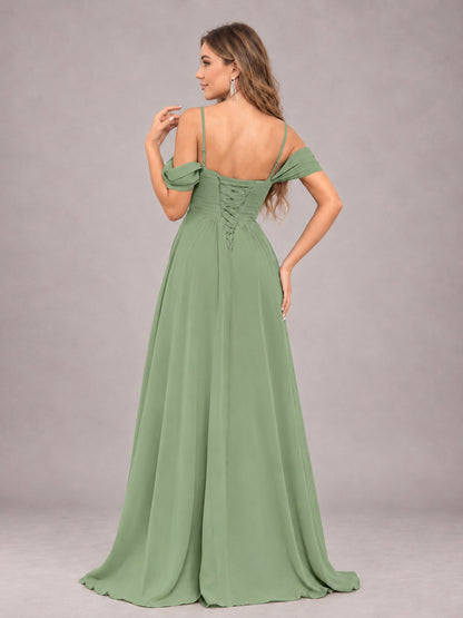 Sage Green Trendy Off The Shoulder Spaghetti Straps Chiffon Bridesmaid Dress