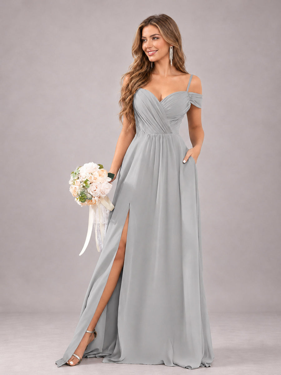 Silver Trendy Off The Shoulder Spaghetti Straps Chiffon Bridesmaid Dress