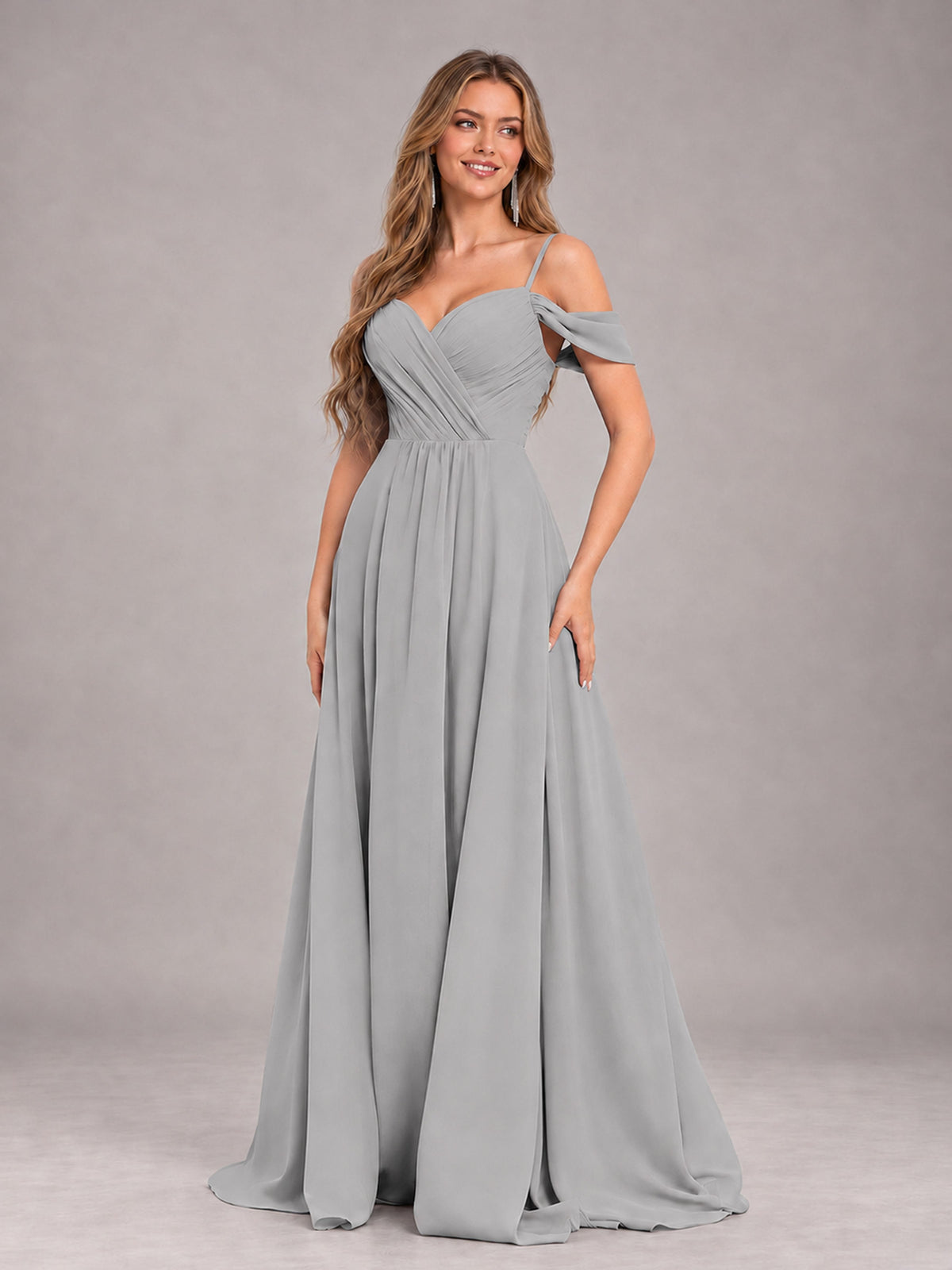 Silver Trendy Off The Shoulder Spaghetti Straps Chiffon Bridesmaid Dress