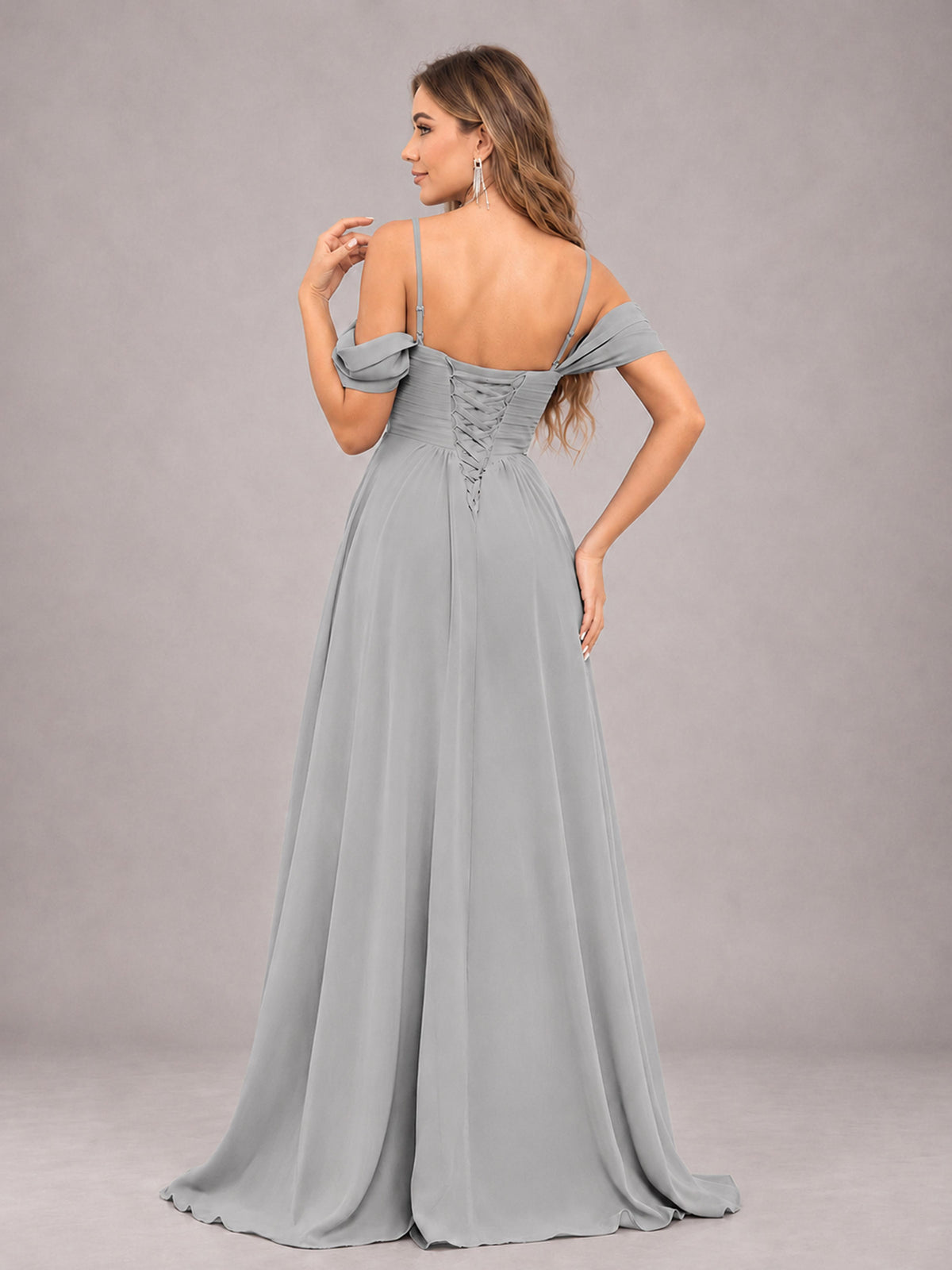 Silver Trendy Off The Shoulder Spaghetti Straps Chiffon Bridesmaid Dress