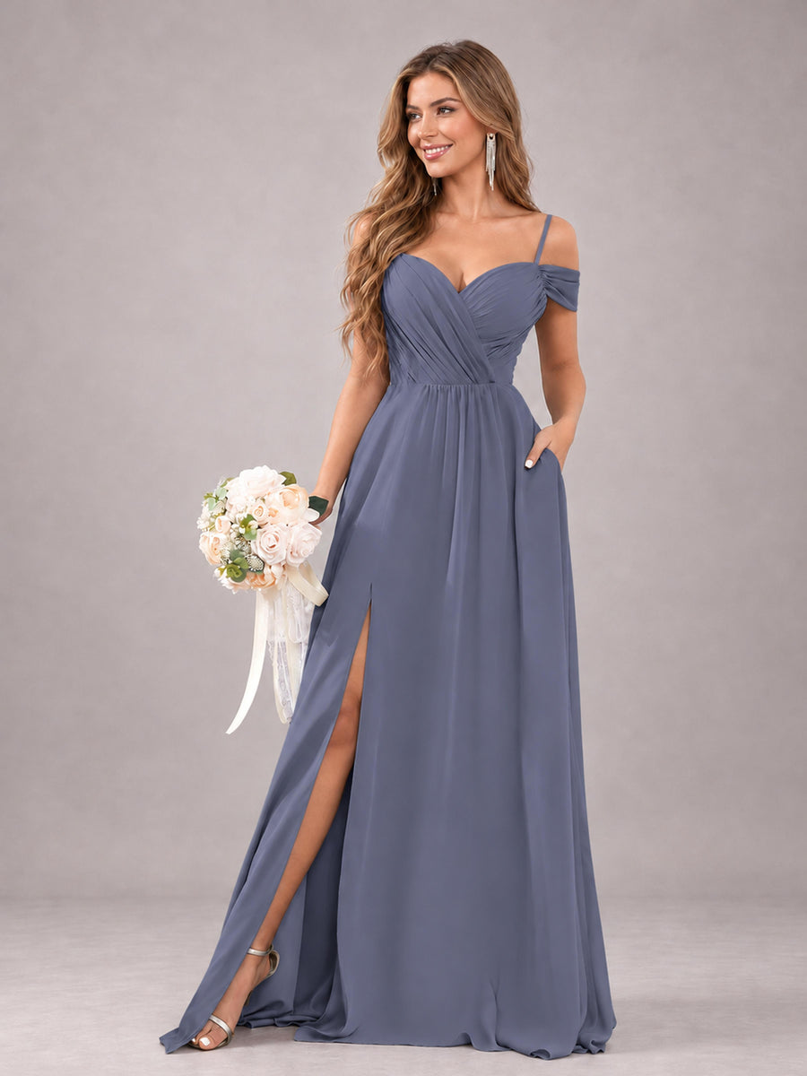 Stormy Blue Trendy Off The Shoulder Spaghetti Straps Chiffon Bridesmaid Dress