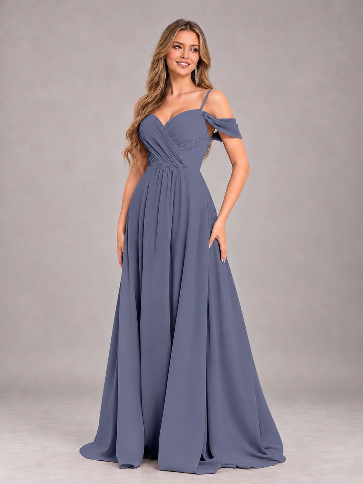 Stormy Blue Trendy Off The Shoulder Spaghetti Straps Chiffon Bridesmaid Dress