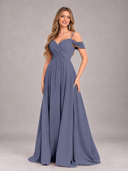 Stormy Blue Trendy Off The Shoulder Spaghetti Straps Chiffon Bridesmaid Dress