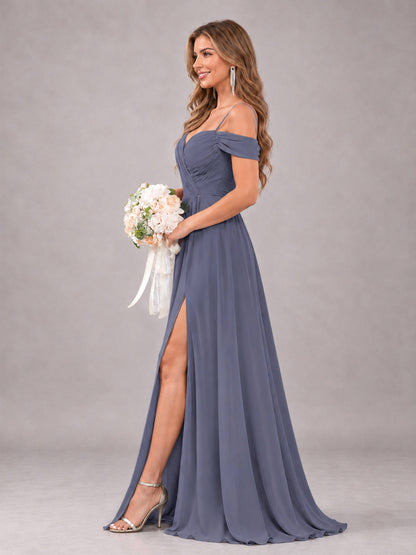 Stormy Blue Trendy Off The Shoulder Spaghetti Straps Chiffon Bridesmaid Dress
