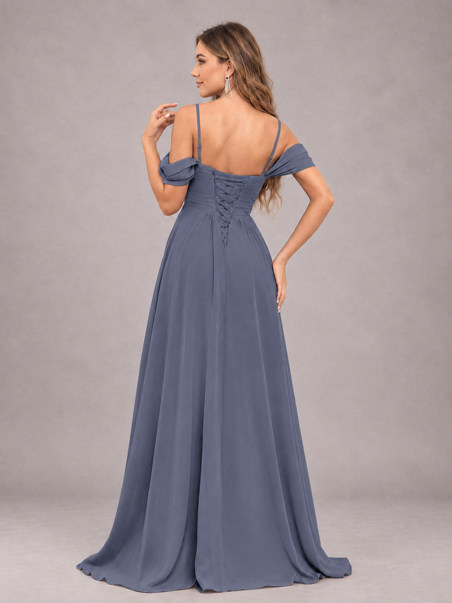 Stormy Blue Trendy Off The Shoulder Spaghetti Straps Chiffon Bridesmaid Dress
