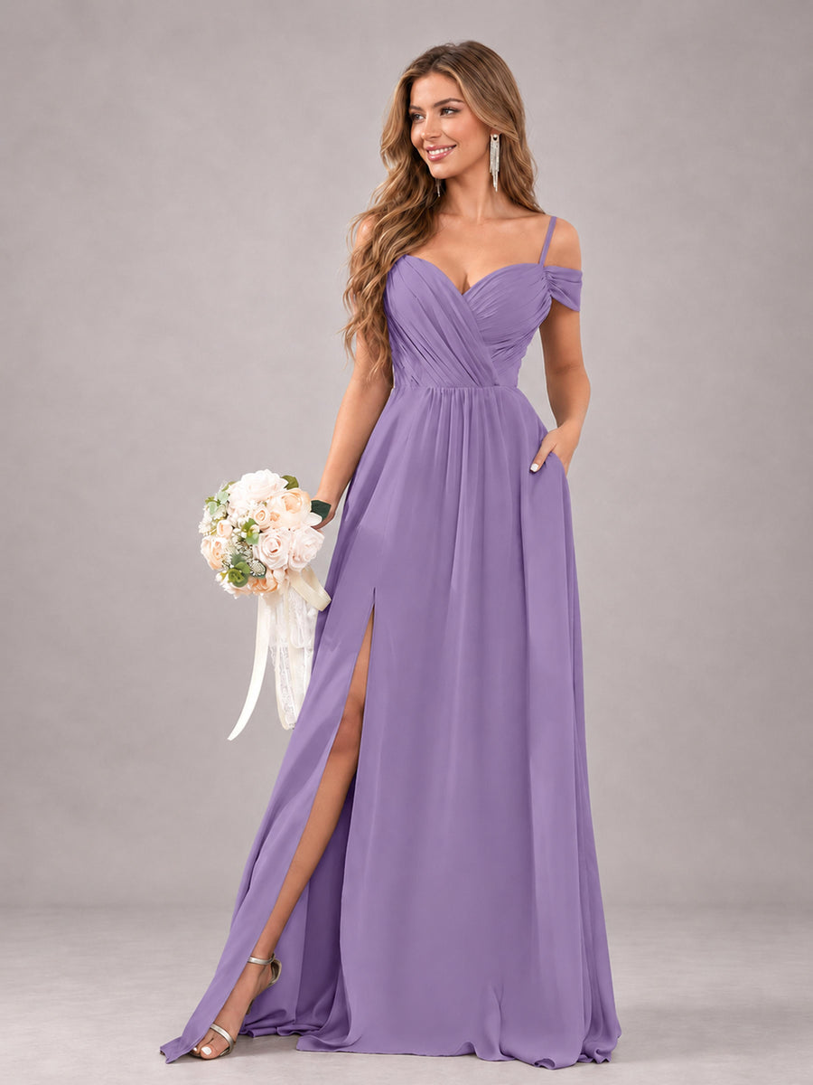 Tahiti Trendy Off The Shoulder Spaghetti Straps Chiffon Bridesmaid Dress