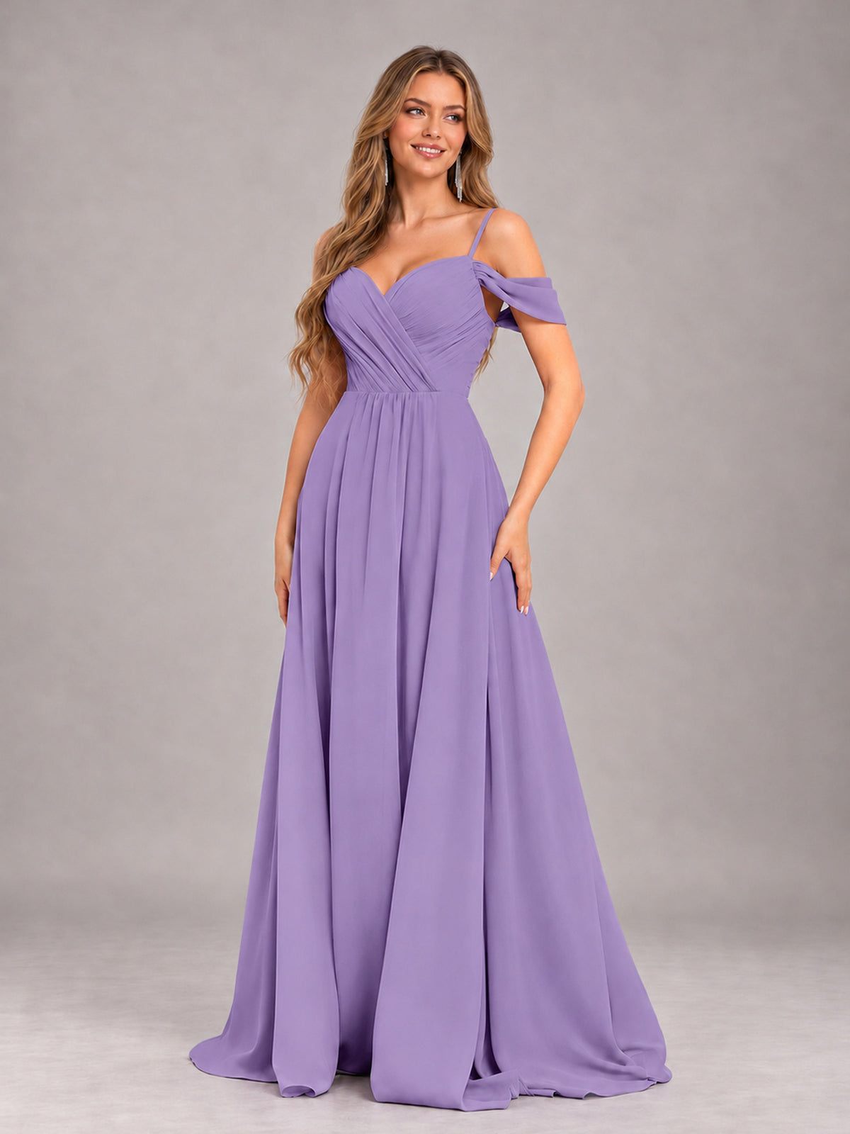 Tahiti Trendy Off The Shoulder Spaghetti Straps Chiffon Bridesmaid Dress