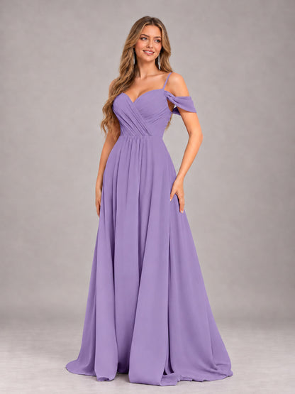 Tahiti Trendy Off The Shoulder Spaghetti Straps Chiffon Bridesmaid Dress