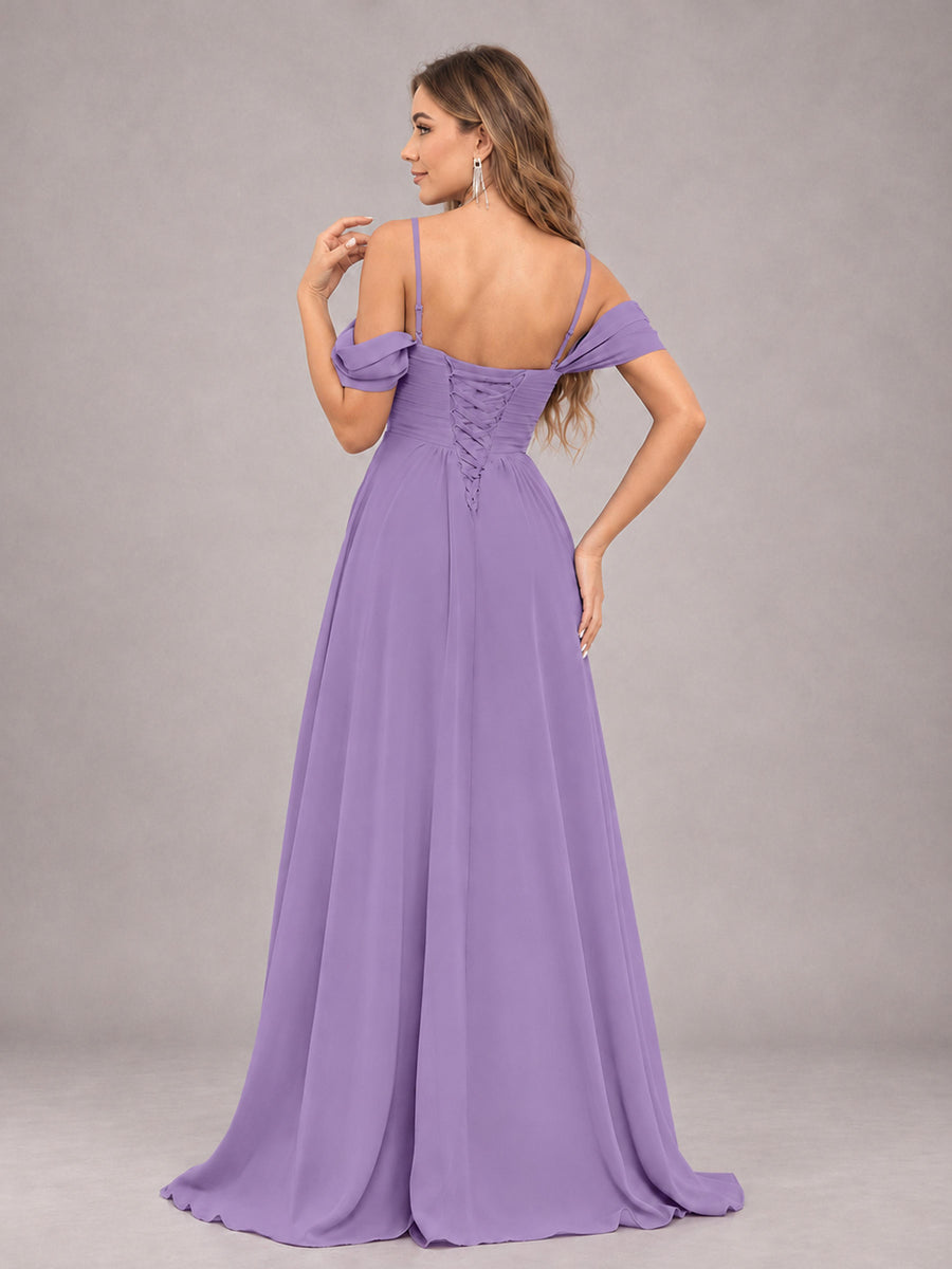 Tahiti Trendy Off The Shoulder Spaghetti Straps Chiffon Bridesmaid Dress