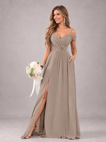 Taupe Trendy Off The Shoulder Spaghetti Straps Chiffon Bridesmaid Dress