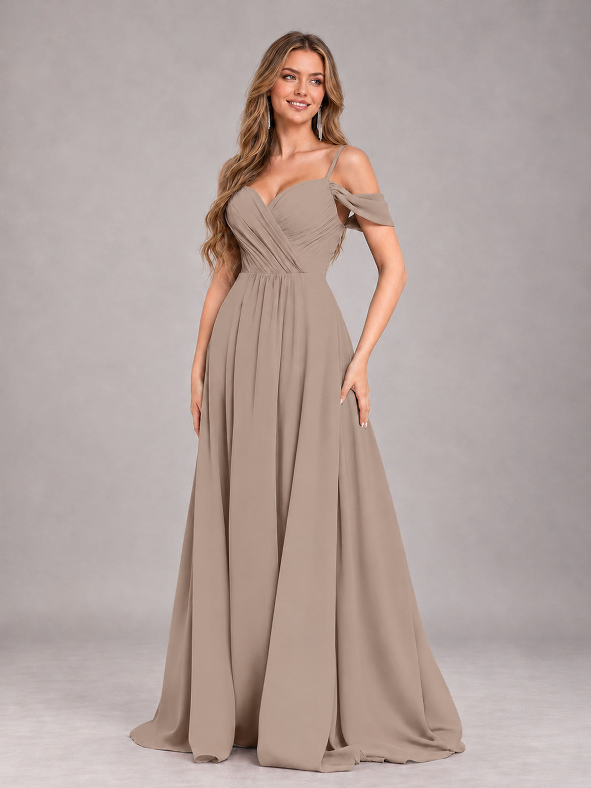 Taupe Trendy Off The Shoulder Spaghetti Straps Chiffon Bridesmaid Dress