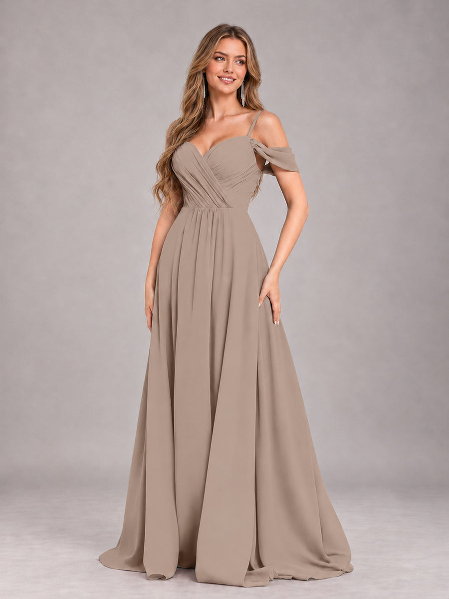 Taupe Trendy Off The Shoulder Spaghetti Straps Chiffon Bridesmaid Dress