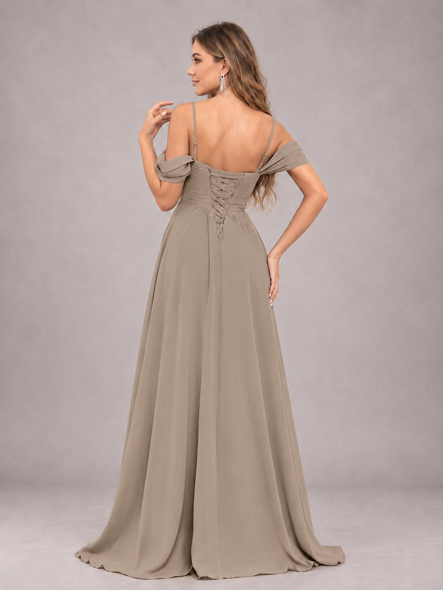 Taupe Trendy Off The Shoulder Spaghetti Straps Chiffon Bridesmaid Dress