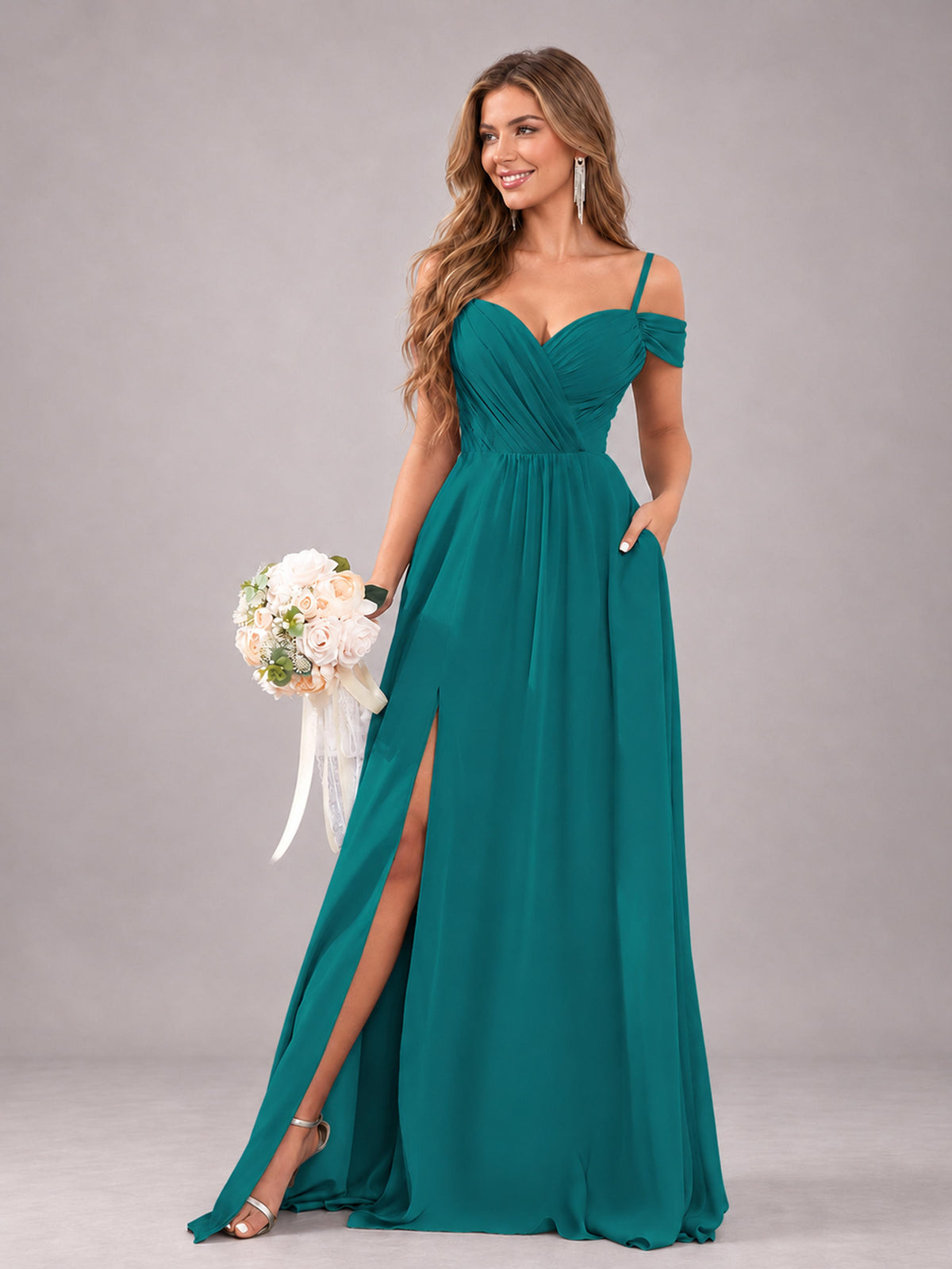 Teal Trendy Off The Shoulder Spaghetti Straps Chiffon Bridesmaid Dress