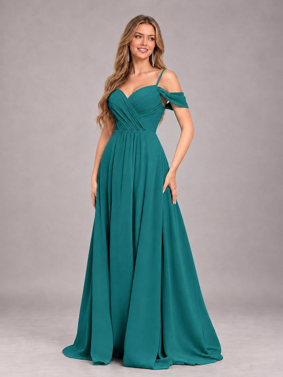 Teal Trendy Off The Shoulder Spaghetti Straps Chiffon Bridesmaid Dress