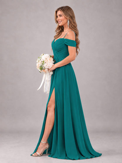 Teal Trendy Off The Shoulder Spaghetti Straps Chiffon Bridesmaid Dress