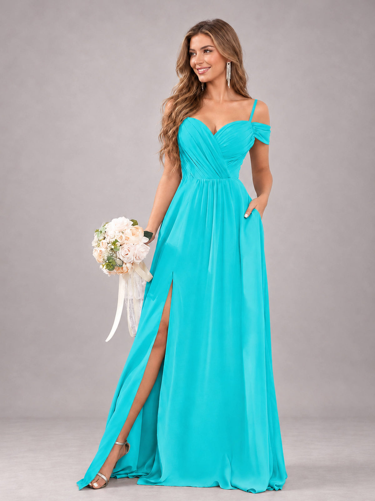 Turquoise Trendy Off The Shoulder Spaghetti Straps Chiffon Bridesmaid Dress