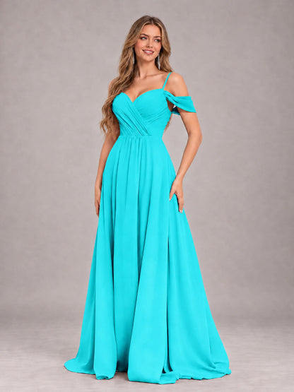 Turquoise Trendy Off The Shoulder Spaghetti Straps Chiffon Bridesmaid Dress