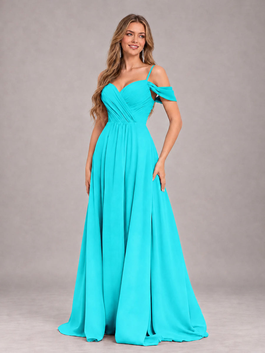 Turquoise Trendy Off The Shoulder Spaghetti Straps Chiffon Bridesmaid Dress