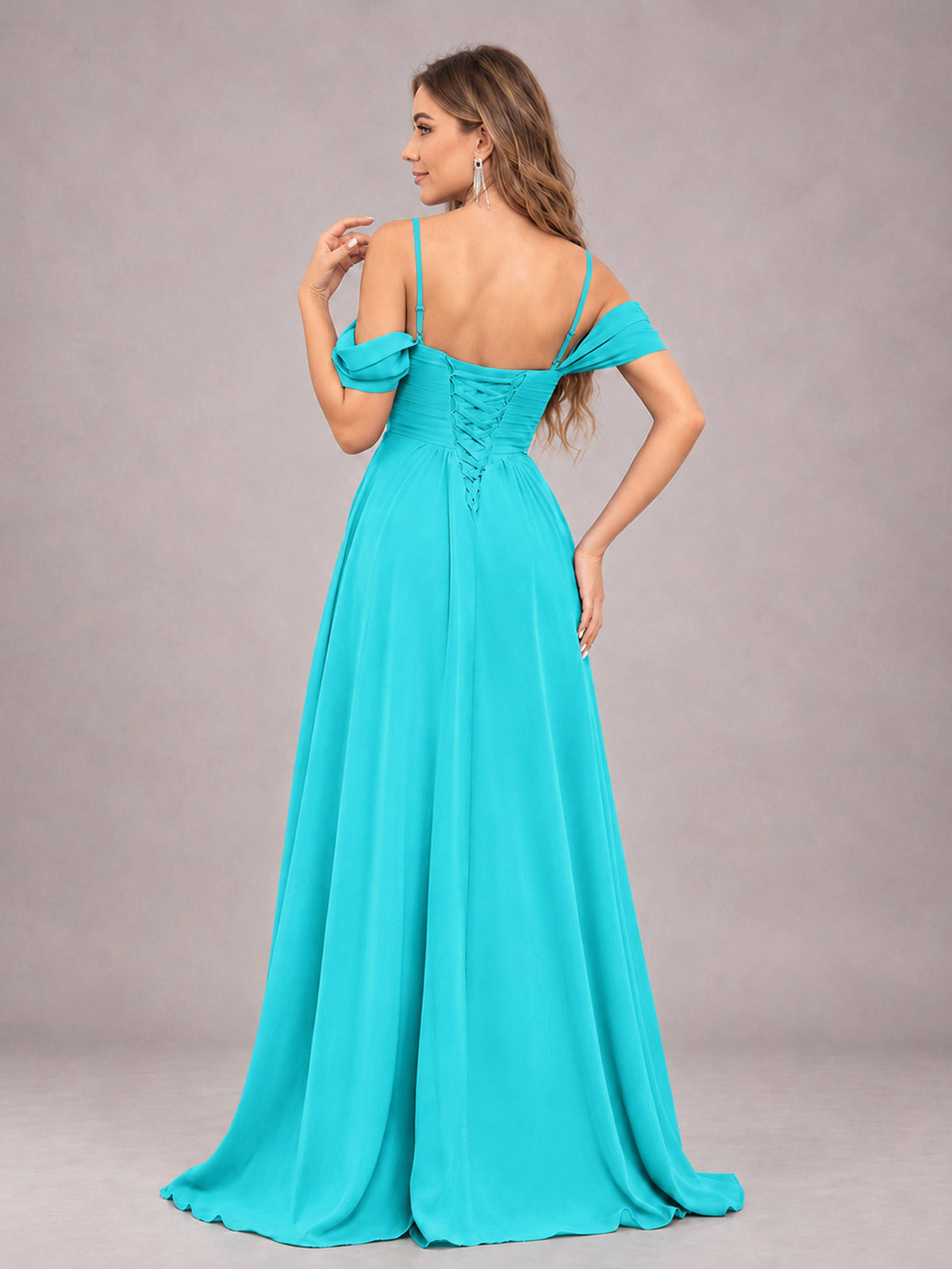 Turquoise Trendy Off The Shoulder Spaghetti Straps Chiffon Bridesmaid Dress