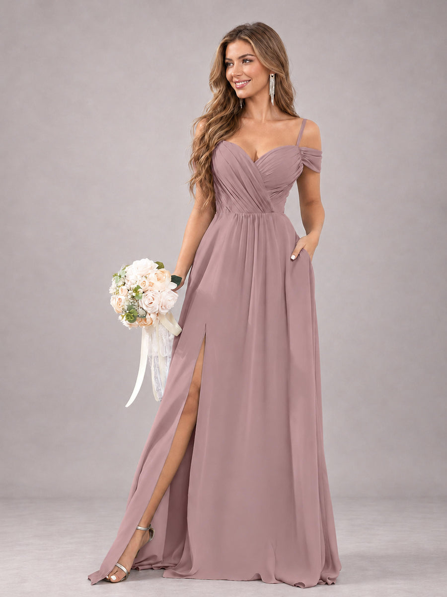 Vintage Mauve Trendy Off The Shoulder Spaghetti Straps Chiffon Bridesmaid Dress