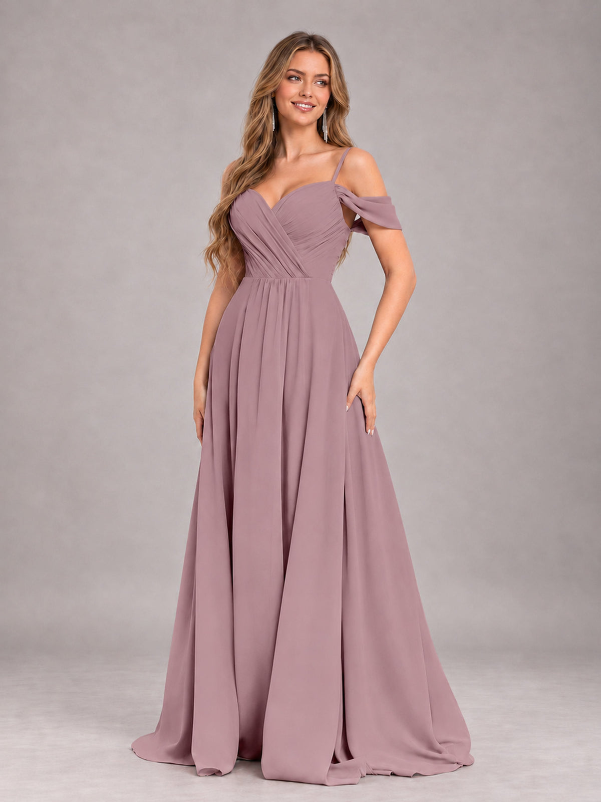 Vintage Mauve Trendy Off The Shoulder Spaghetti Straps Chiffon Bridesmaid Dress