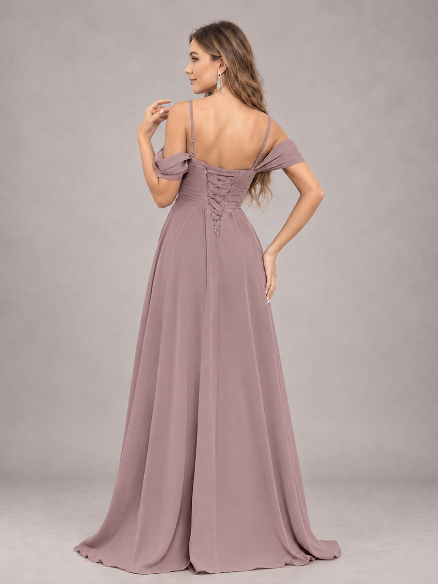 Vintage Mauve Trendy Off The Shoulder Spaghetti Straps Chiffon Bridesmaid Dress