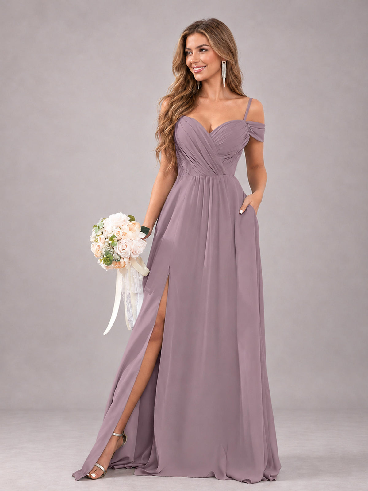 Wisteria Trendy Off The Shoulder Spaghetti Straps Chiffon Bridesmaid Dress