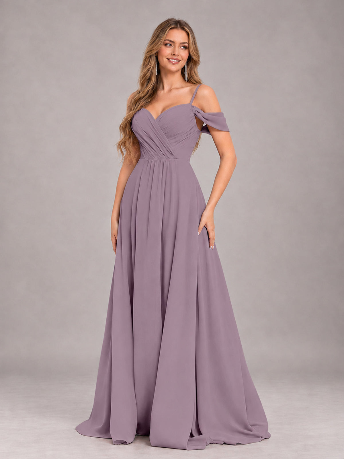 Wisteria Trendy Off The Shoulder Spaghetti Straps Chiffon Bridesmaid Dress