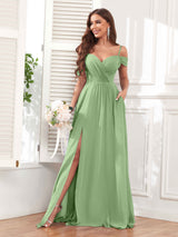 Trendy Off The Shoulder Spaghetti Straps Chiffon Bridesmaid Dresses