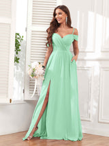 Trendy Off The Shoulder Spaghetti Straps Chiffon Bridesmaid Dresses