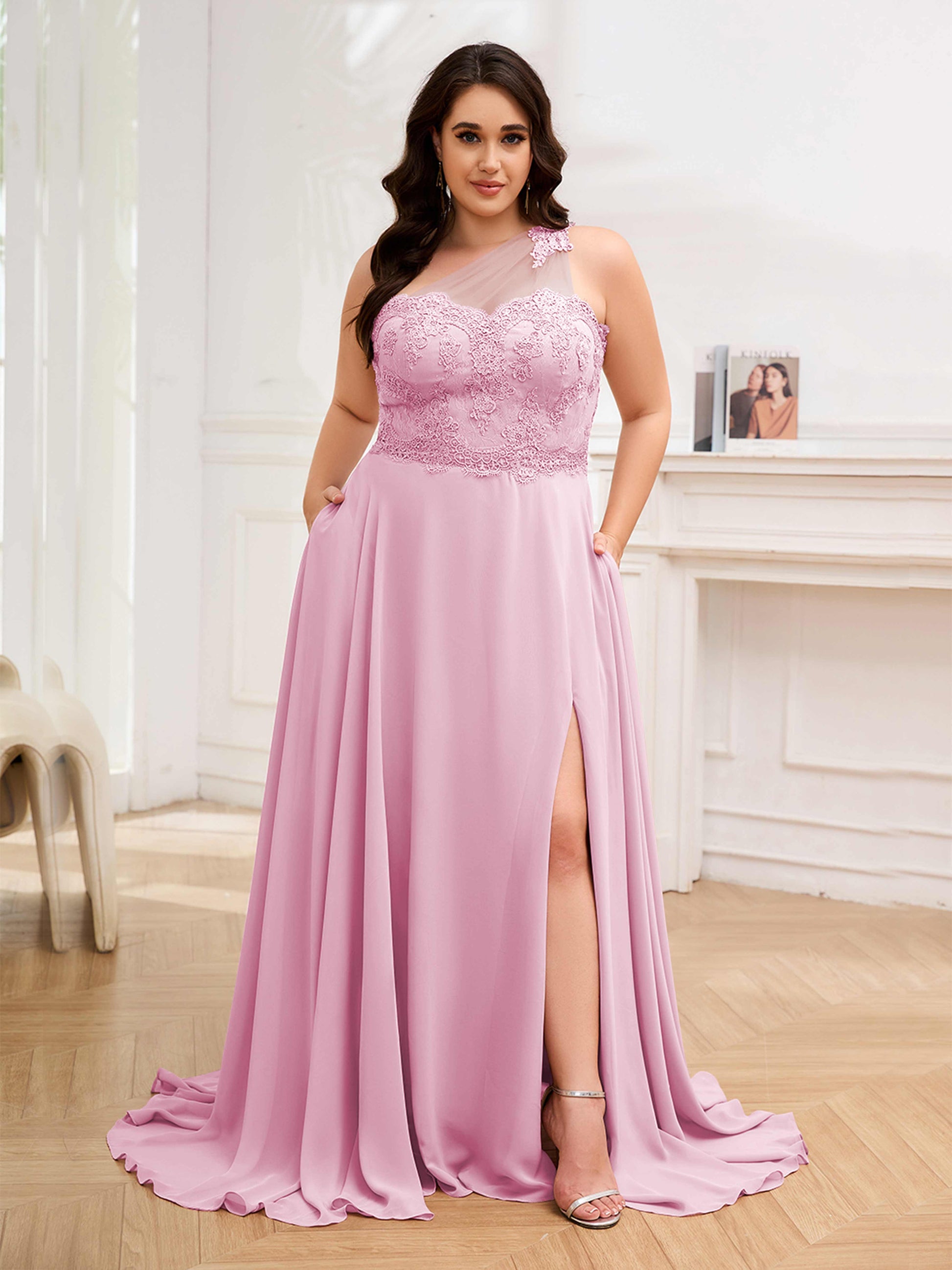 plus size bridesmaid dresses with pockets One-Shoulder Sequins Plus Size Bridesmaid Dress with Pockets