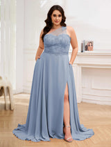 Trendy One Shoulder Sweep Train Chiffon Plus Size Bridesmaid Dresses With Pockets