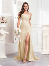 Trendy Spaghetti Straps Off The Shoulder Sweep Train Satin Party Dresses