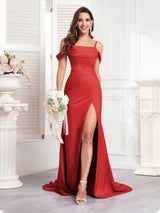 Trendy Spaghetti Straps Off The Shoulder Sweep Train Satin Party Dresses