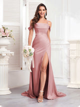 Trendy Spaghetti Straps Off The Shoulder Sweep Train Satin Party Dresses