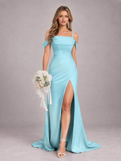 Aqua Blue Trendy Spaghetti Straps Off The Shoulder Sweep Train Satin Bridesmaid Dress