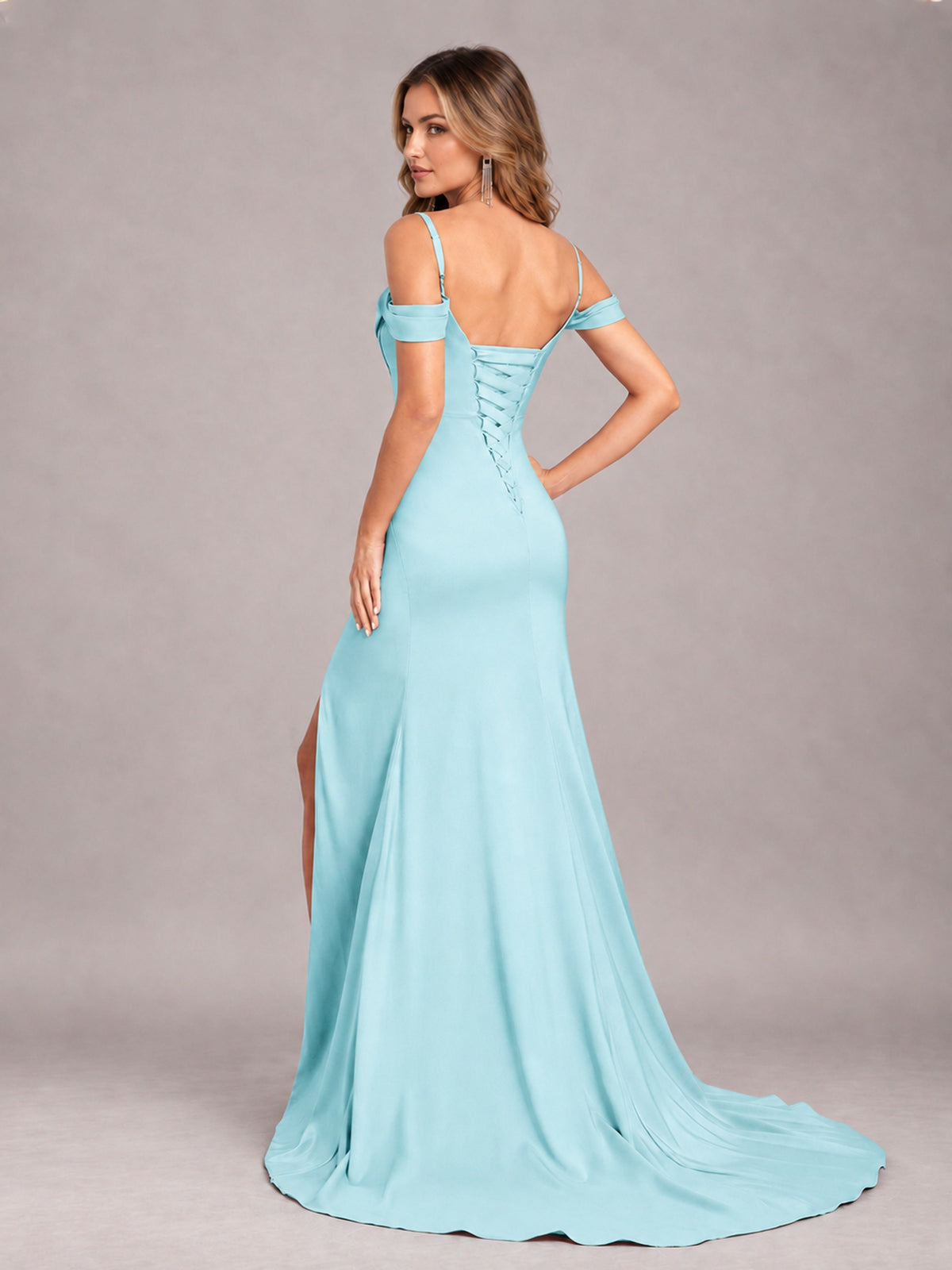 Aqua Blue Trendy Spaghetti Straps Off The Shoulder Sweep Train Satin Bridesmaid Dress