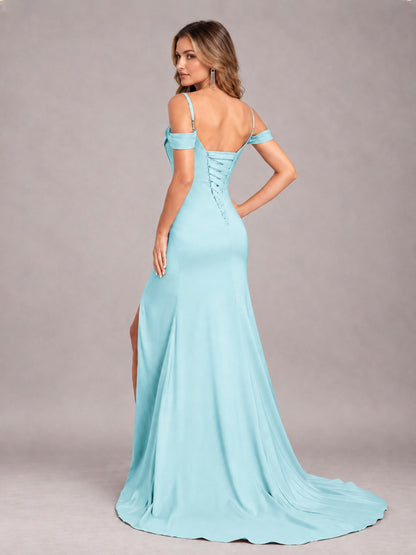 Aqua Blue Trendy Spaghetti Straps Off The Shoulder Sweep Train Satin Bridesmaid Dress