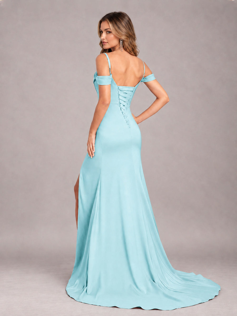 Aqua Blue Trendy Spaghetti Straps Off The Shoulder Sweep Train Satin Bridesmaid Dress
