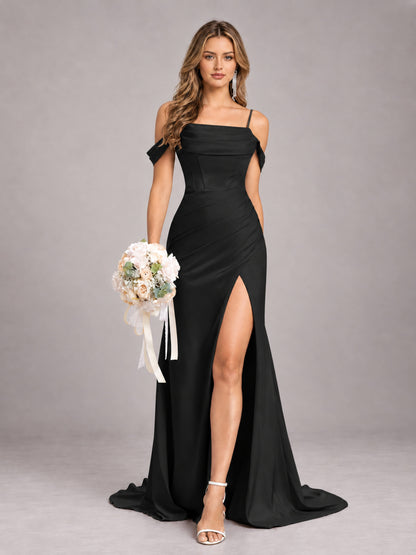 Black Trendy Spaghetti Straps Off The Shoulder Sweep Train Satin Bridesmaid Dress
