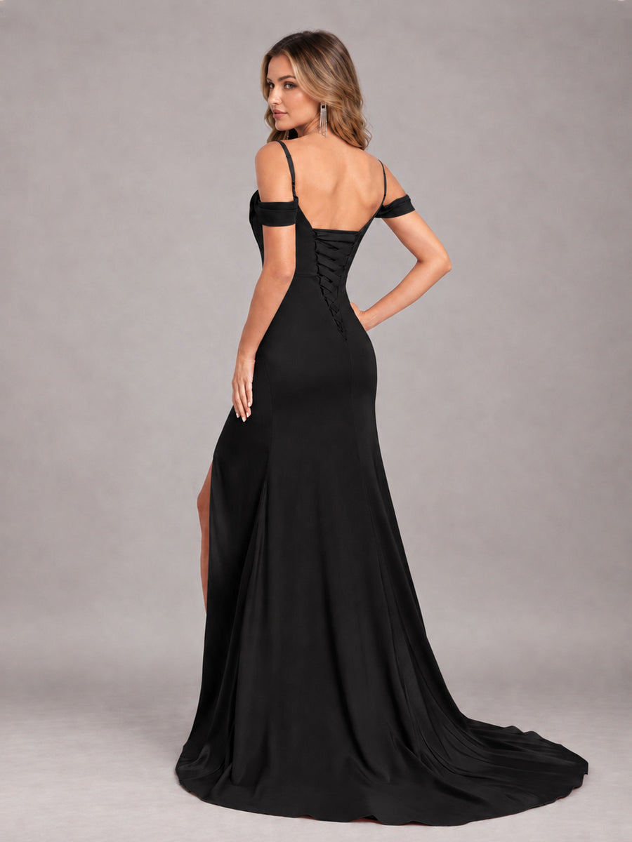 Black Trendy Spaghetti Straps Off The Shoulder Sweep Train Satin Bridesmaid Dress