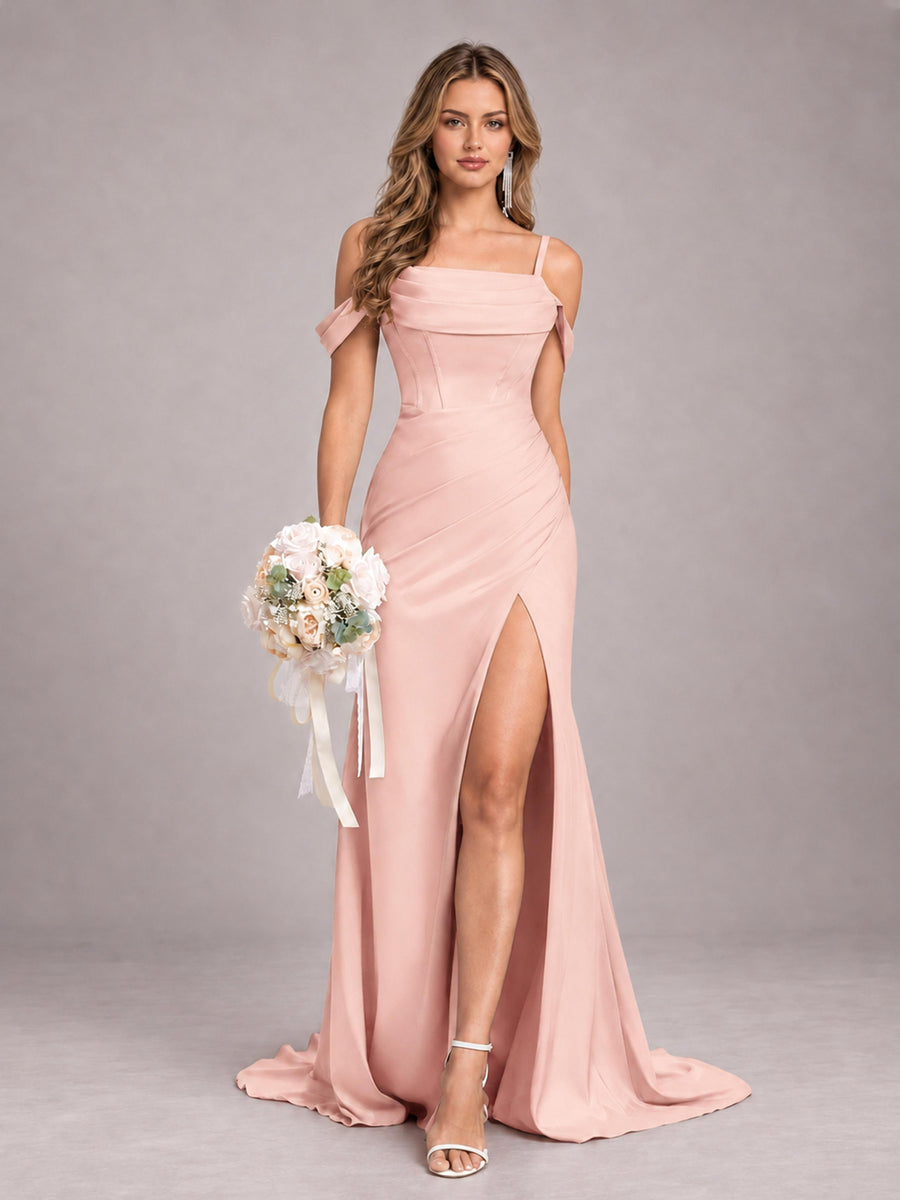 Blush Pink Trendy Spaghetti Straps Off The Shoulder Sweep Train Satin Bridesmaid Dress