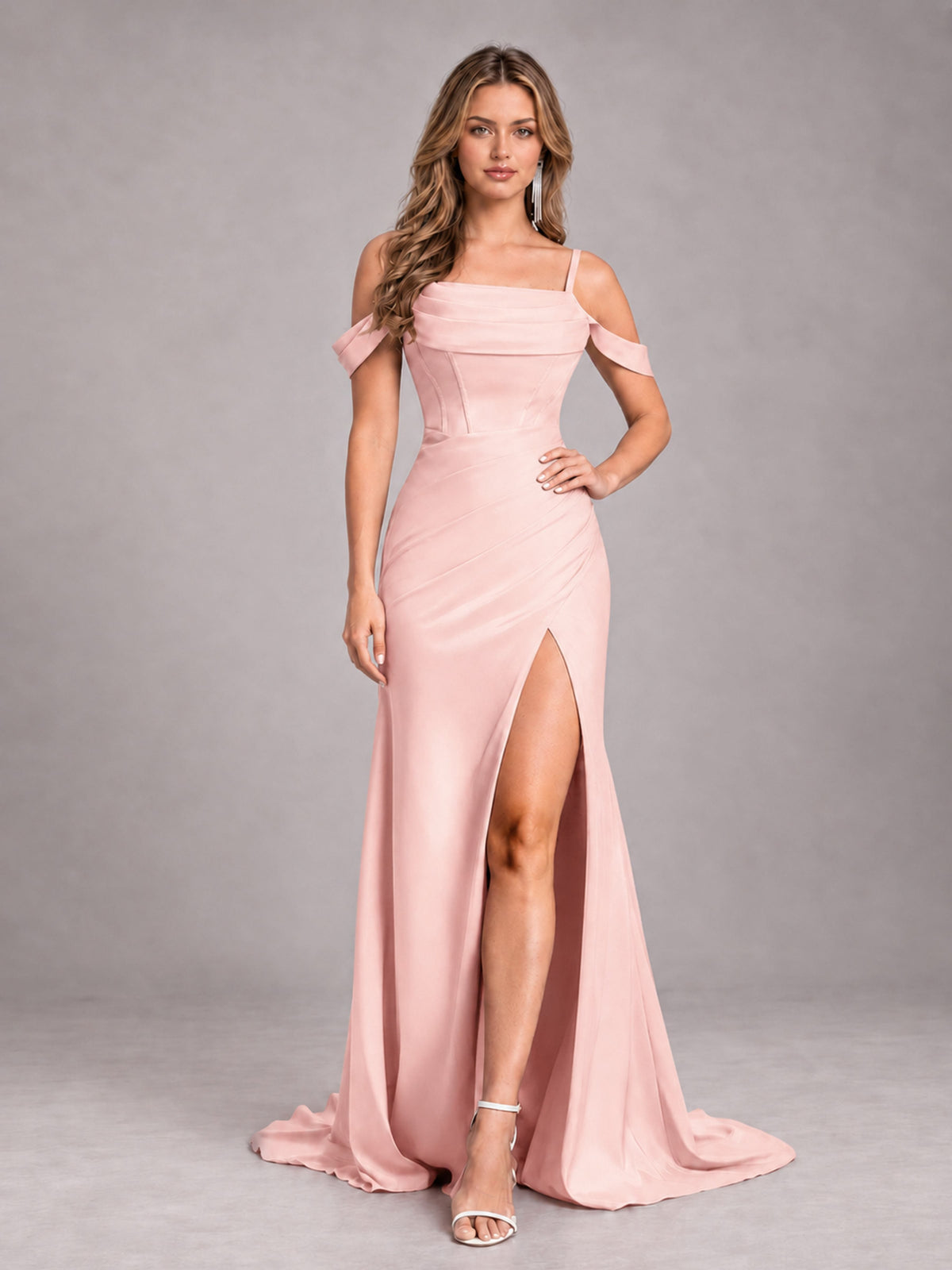 Blush Pink Trendy Spaghetti Straps Off The Shoulder Sweep Train Satin Bridesmaid Dress