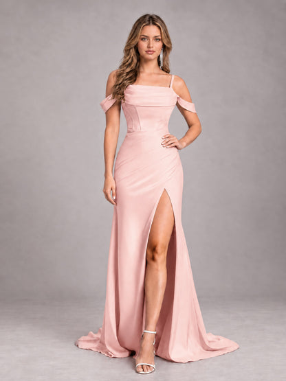 Blush Pink Trendy Spaghetti Straps Off The Shoulder Sweep Train Satin Bridesmaid Dress