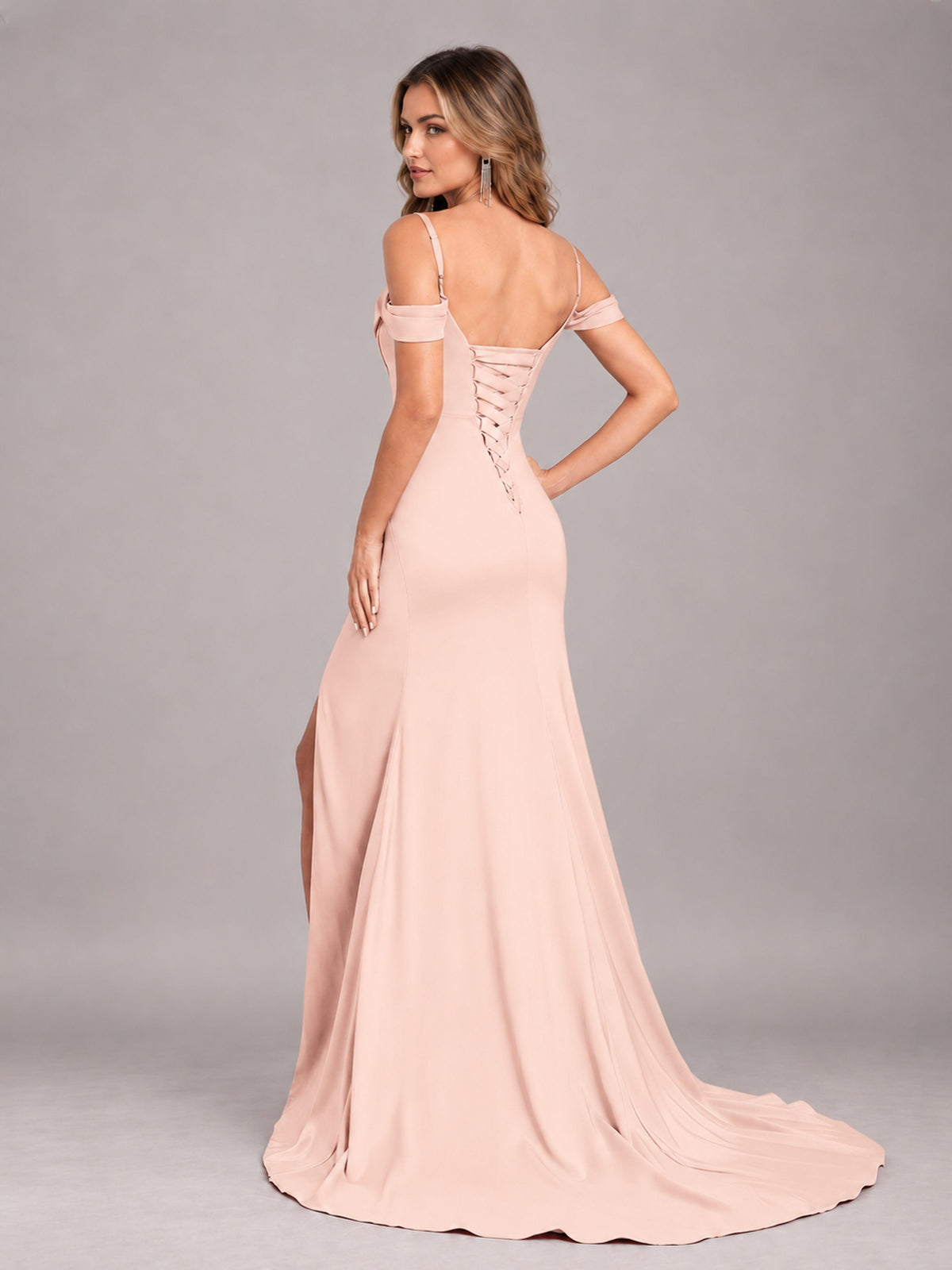 Blush Pink Trendy Spaghetti Straps Off The Shoulder Sweep Train Satin Bridesmaid Dress