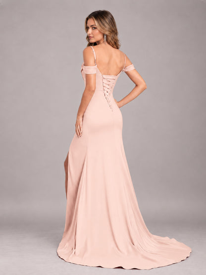 Blush Pink Trendy Spaghetti Straps Off The Shoulder Sweep Train Satin Bridesmaid Dress