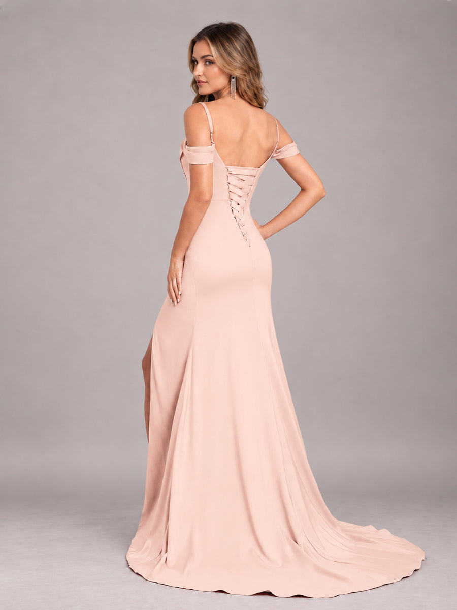 Blush Pink Trendy Spaghetti Straps Off The Shoulder Sweep Train Satin Bridesmaid Dress
