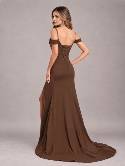 Brown Trendy Spaghetti Straps Off The Shoulder Sweep Train Satin Bridesmaid Dress